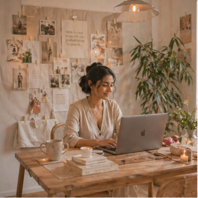 Woman working at a cosy wooden desk with laptop and plants.