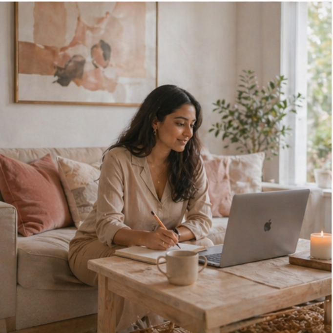 Woman journaling beside a laptop in a warm-toned living room.