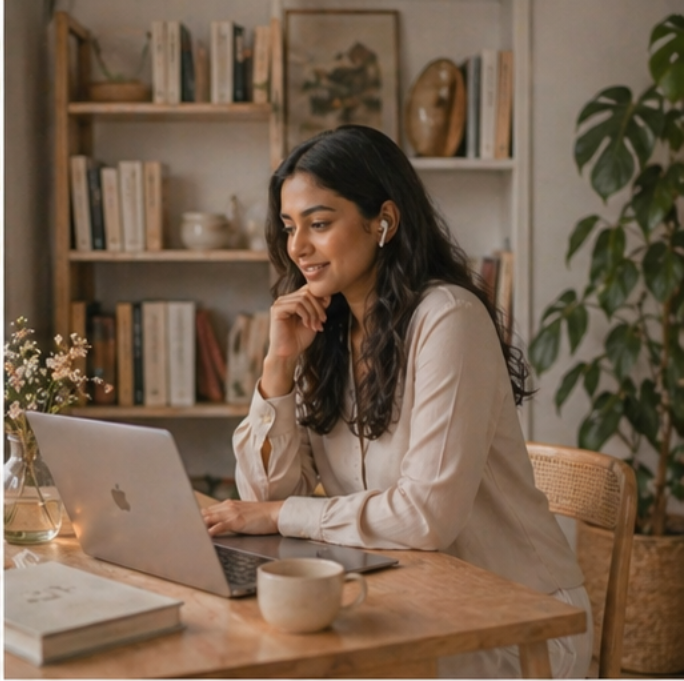 Woman smiling while working on a laptop in a cosy home office.