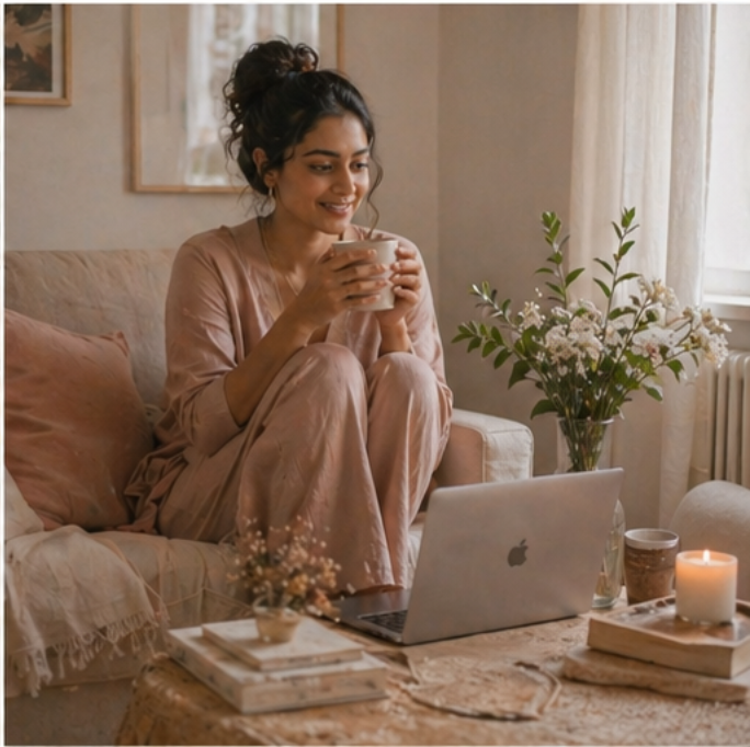 Woman relaxing with coffee beside a laptop in a cosy room