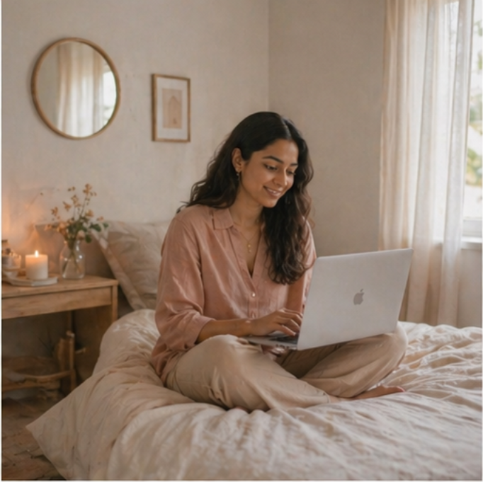 Woman sitting on a bed using a laptop in a calm neutral bedroom.