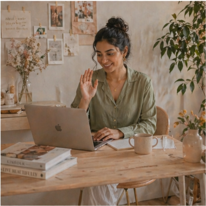 Woman waving during a video call while working from home.