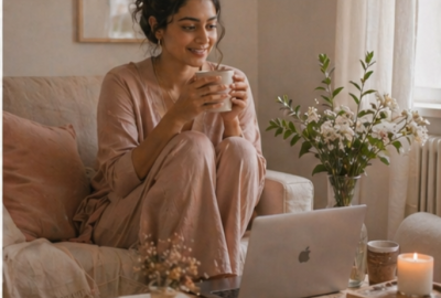 Woman relaxing with coffee beside a laptop in a cosy room